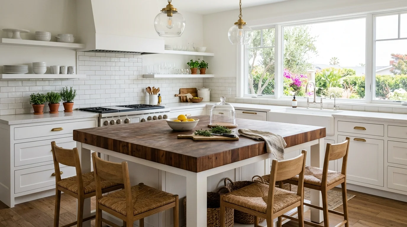 Thick butcher block island in a bright Encinitas kitchen with white cabinets