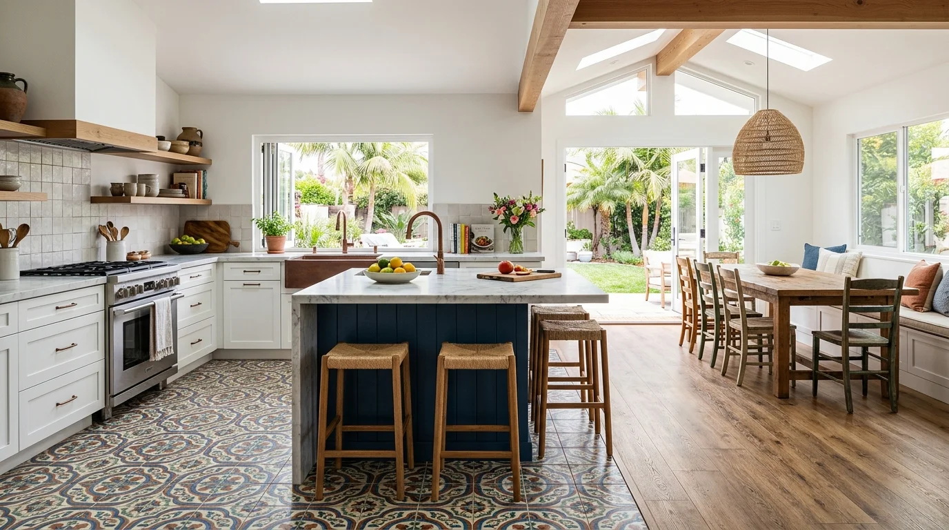 San Diego kitchen with tile in one bay and luxury vinyl plank in the next, daylight