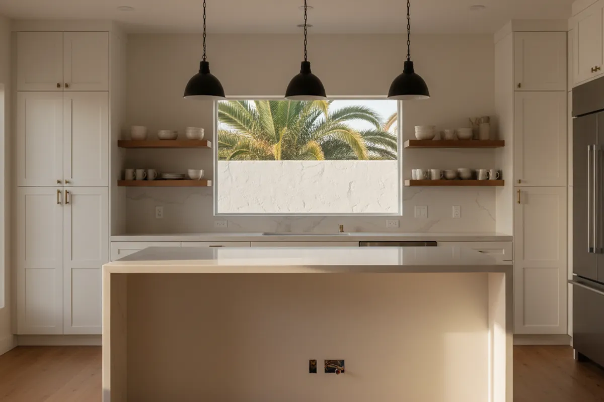 Modern San Diego kitchen remodel with shaker cabinets, quartz counters, and a large island under pendant lights.