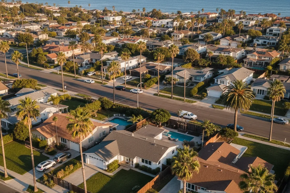Aerial view of San Diego County coastline at sunset showing coastal and inland neighborhoods served by Modern Kitchen SD.