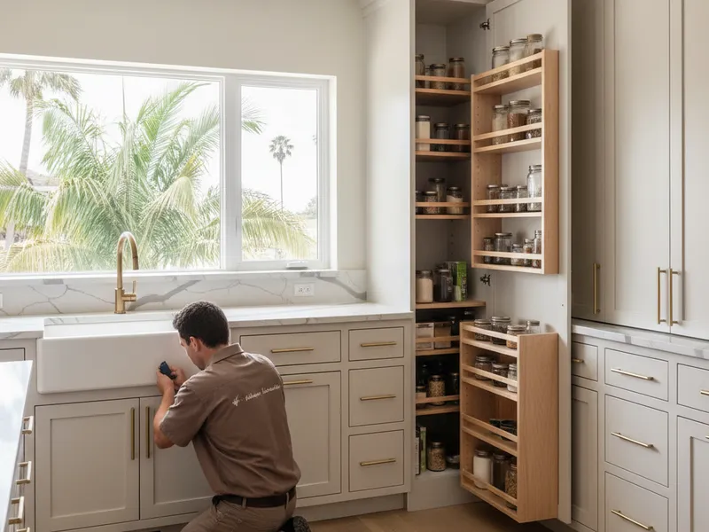 Custom white oak full-overlay kitchen cabinets with a built-in pantry in a San Diego coastal remodel