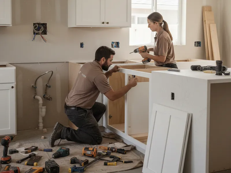 Crew installing shaker cabinets in a San Diego full kitchen remodel with quartz counters and a large island