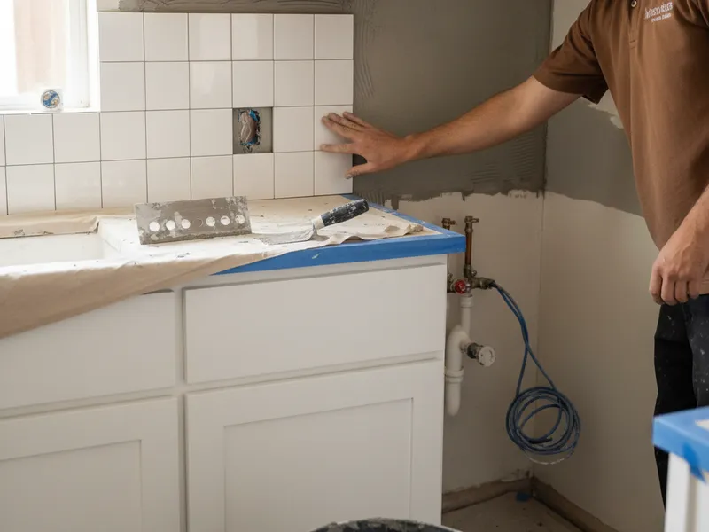 White zellige backsplash tile installed in a San Diego kitchen with a custom range hood