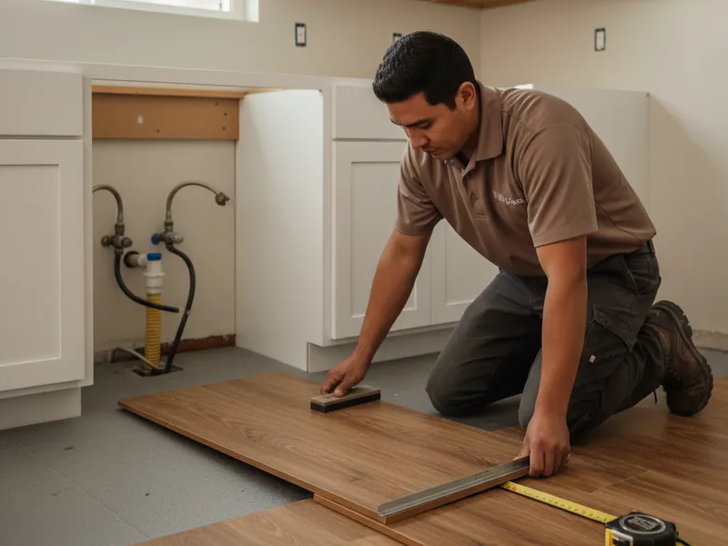 Wide-plank luxury vinyl plank floor installed in a San Diego kitchen with a transition to the living room