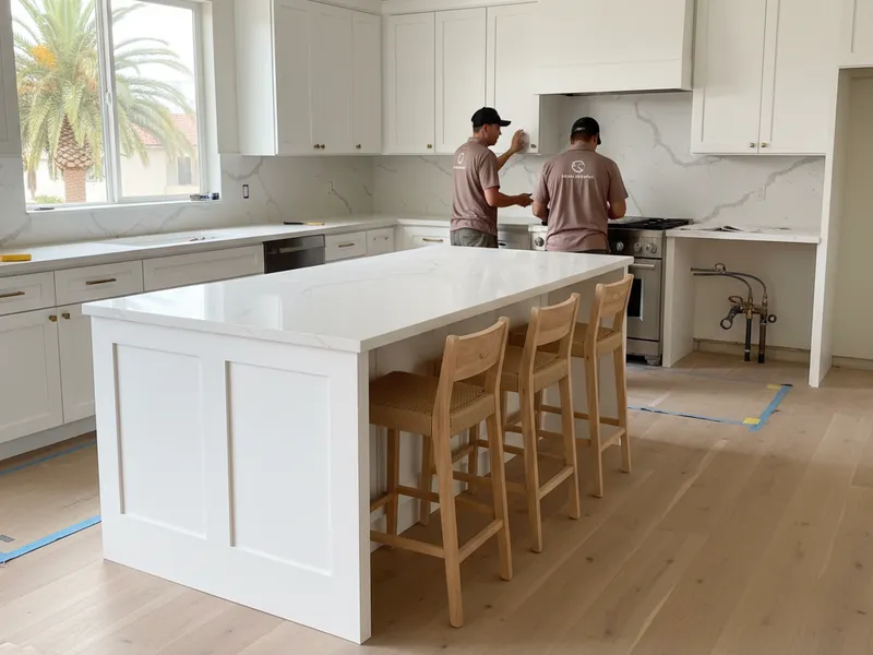New white oak kitchen island with waterfall quartz counters and breakfast bar in a San Diego remodel